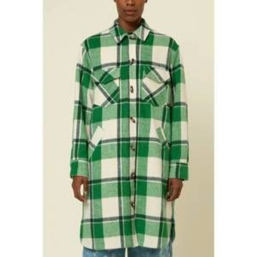 NWT Womens Frnch Paris Green Ivory (Item- 291) Plaid Solar Woven Toggle Coat S